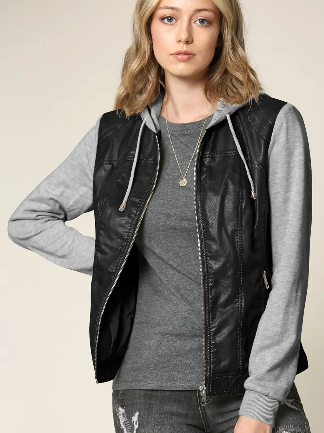 Made By Johnny Faux Leather Jacket Women Motorcycle Coat for Biker with Removable Hood