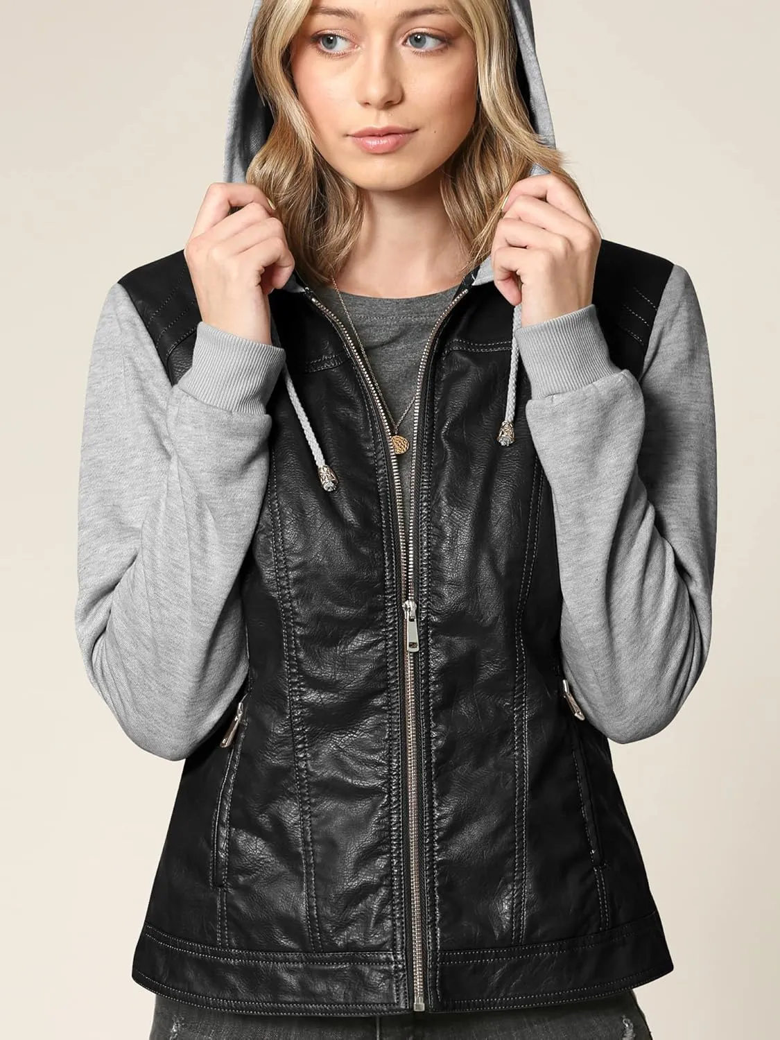 Made By Johnny Faux Leather Jacket Women Motorcycle Coat for Biker with Removable Hood