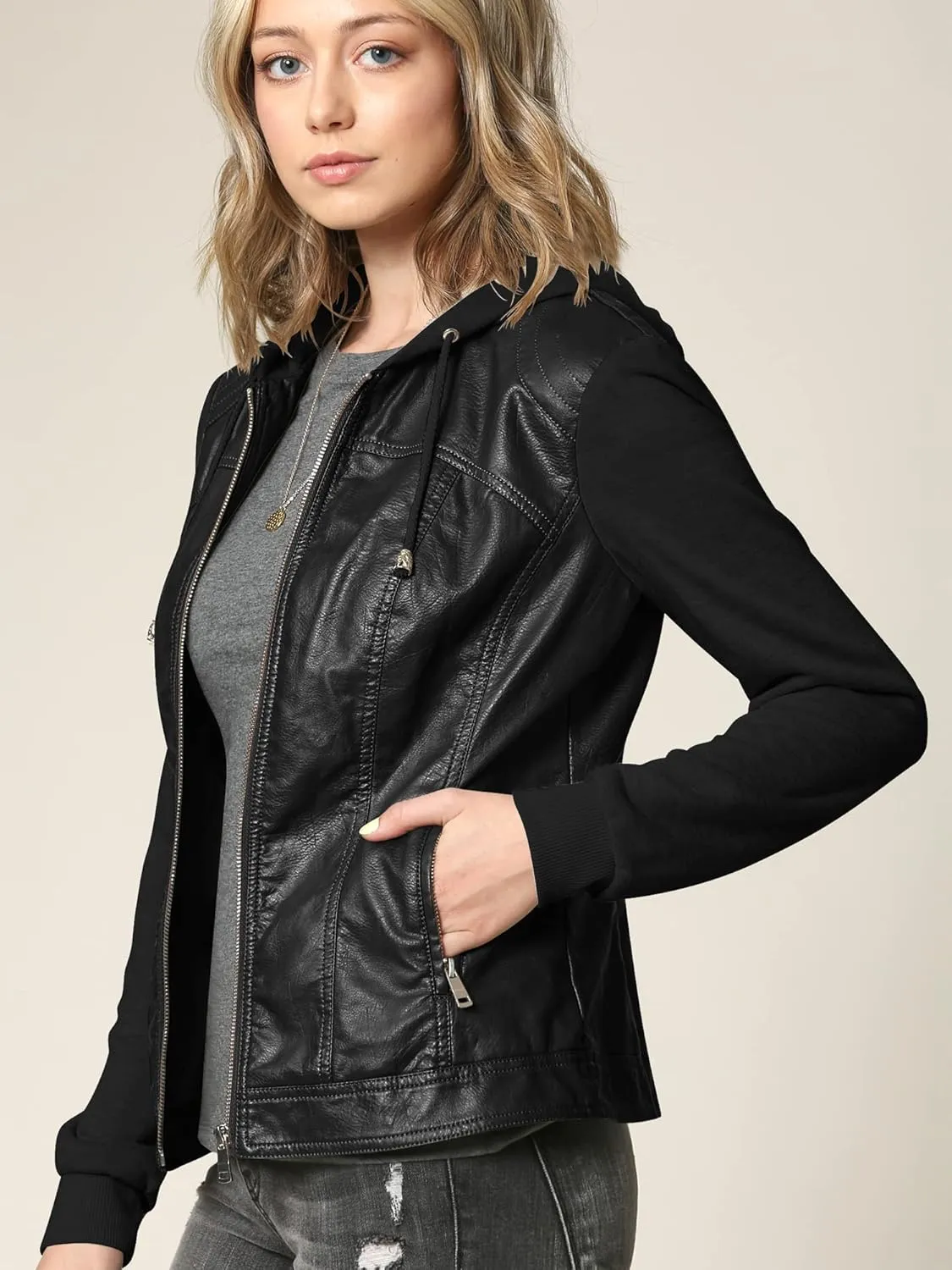Made By Johnny Faux Leather Jacket Women Motorcycle Coat for Biker with Removable Hood