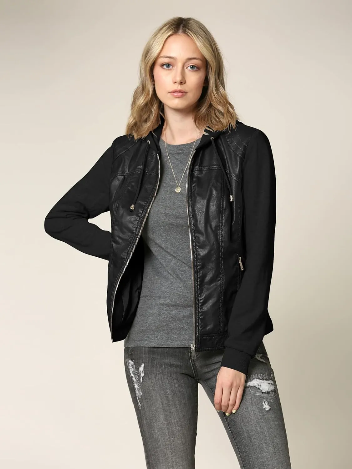 Made By Johnny Faux Leather Jacket Women Motorcycle Coat for Biker with Removable Hood