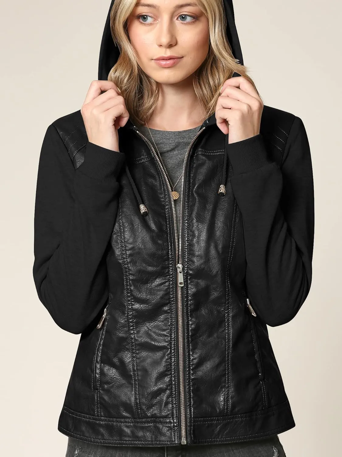 Made By Johnny Faux Leather Jacket Women Motorcycle Coat for Biker with Removable Hood
