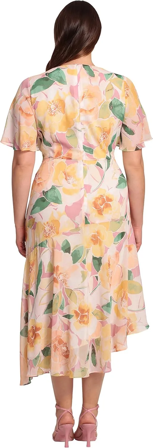 Maggy London Women's Short Flutter Sleeve Fit and Flare Dress with Asymmetric Hem Tier