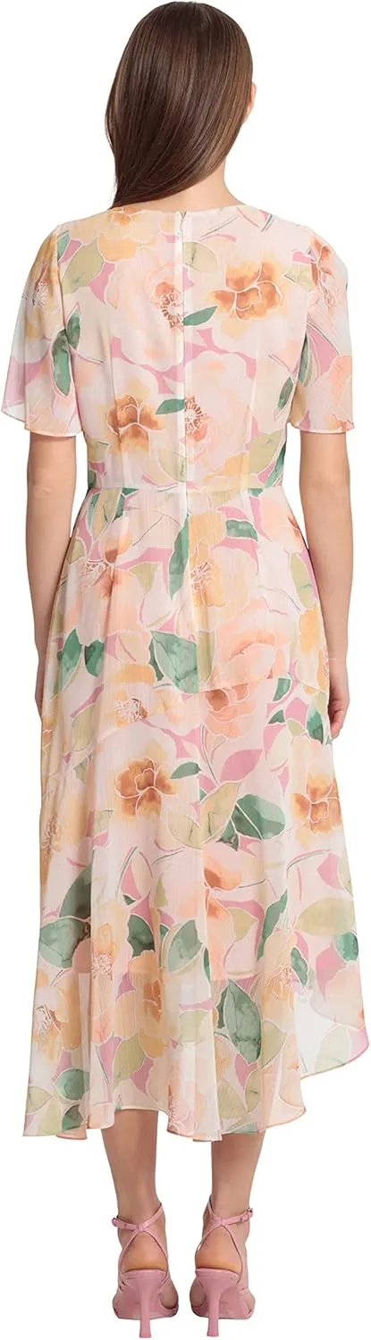 Maggy London Women's Short Flutter Sleeve Fit and Flare Dress with Asymmetric Hem Tier