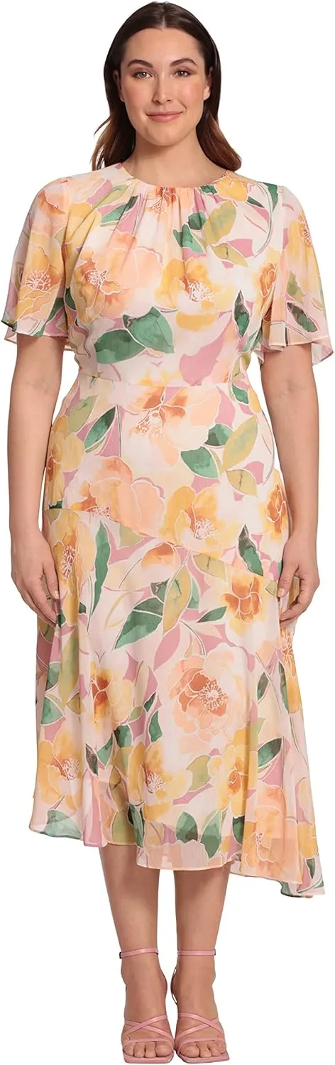 Maggy London Women's Short Flutter Sleeve Fit and Flare Dress with Asymmetric Hem Tier