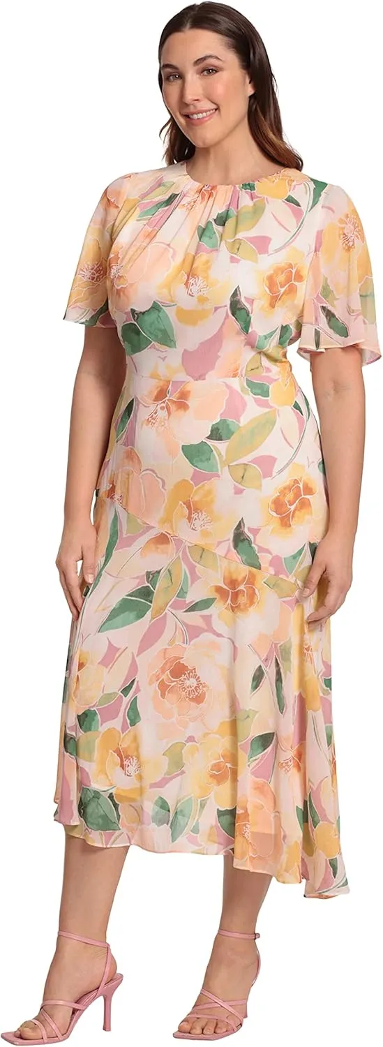 Maggy London Women's Short Flutter Sleeve Fit and Flare Dress with Asymmetric Hem Tier