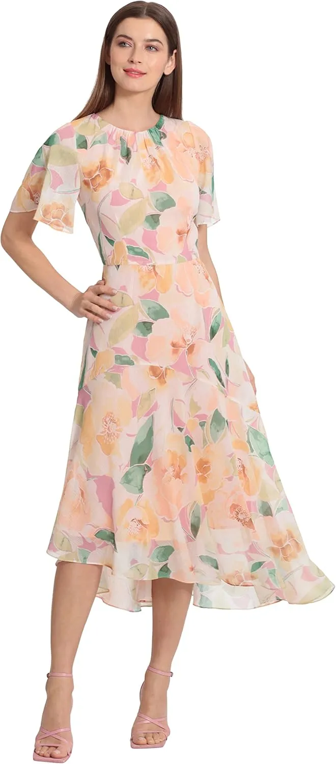 Maggy London Women's Short Flutter Sleeve Fit and Flare Dress with Asymmetric Hem Tier