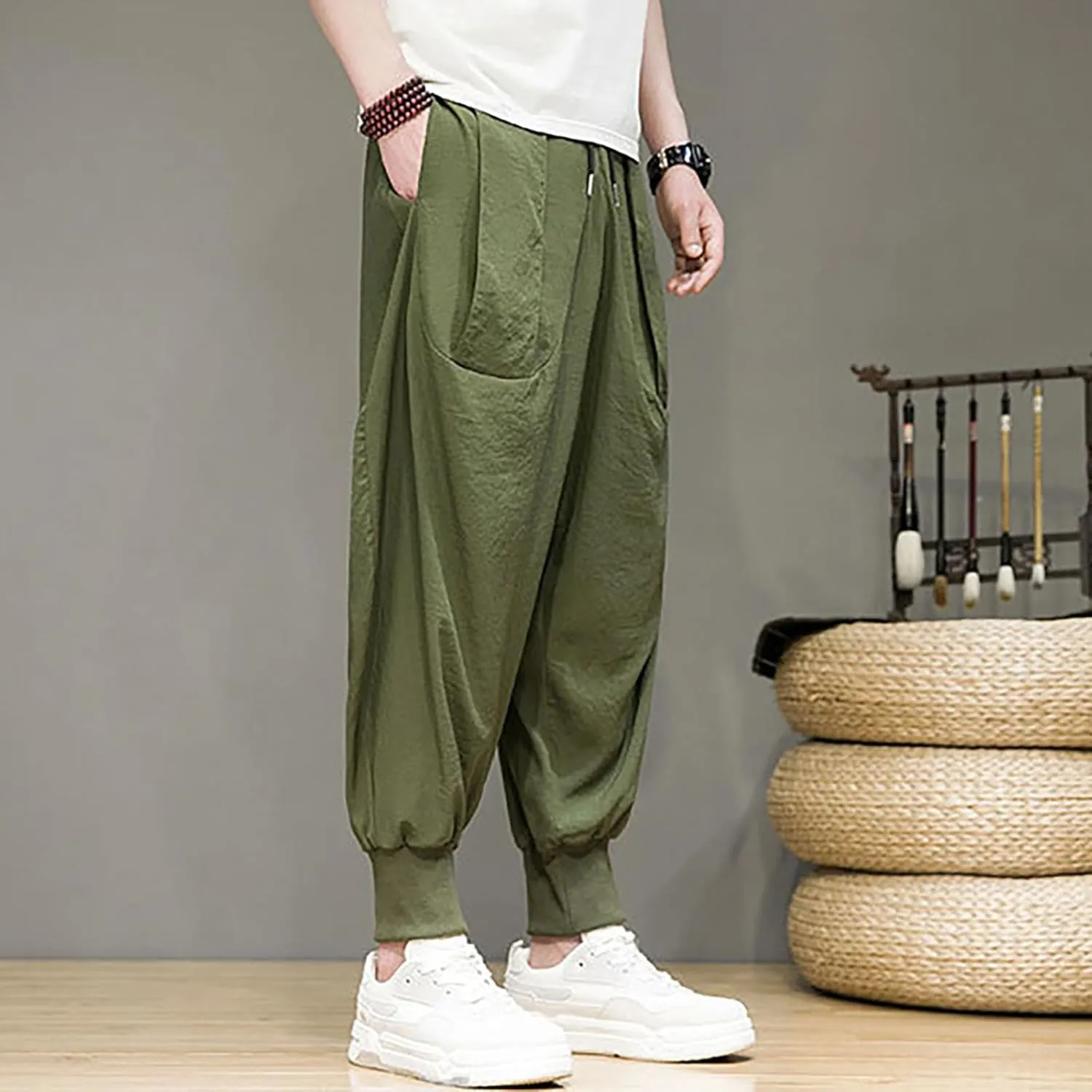 Mens 2023 Casual Harem Pant Loose Hippie Boho Aladdin Yoga Pant Casual Baggy Drawstring Hippie Boho Aladdin Harem Pant