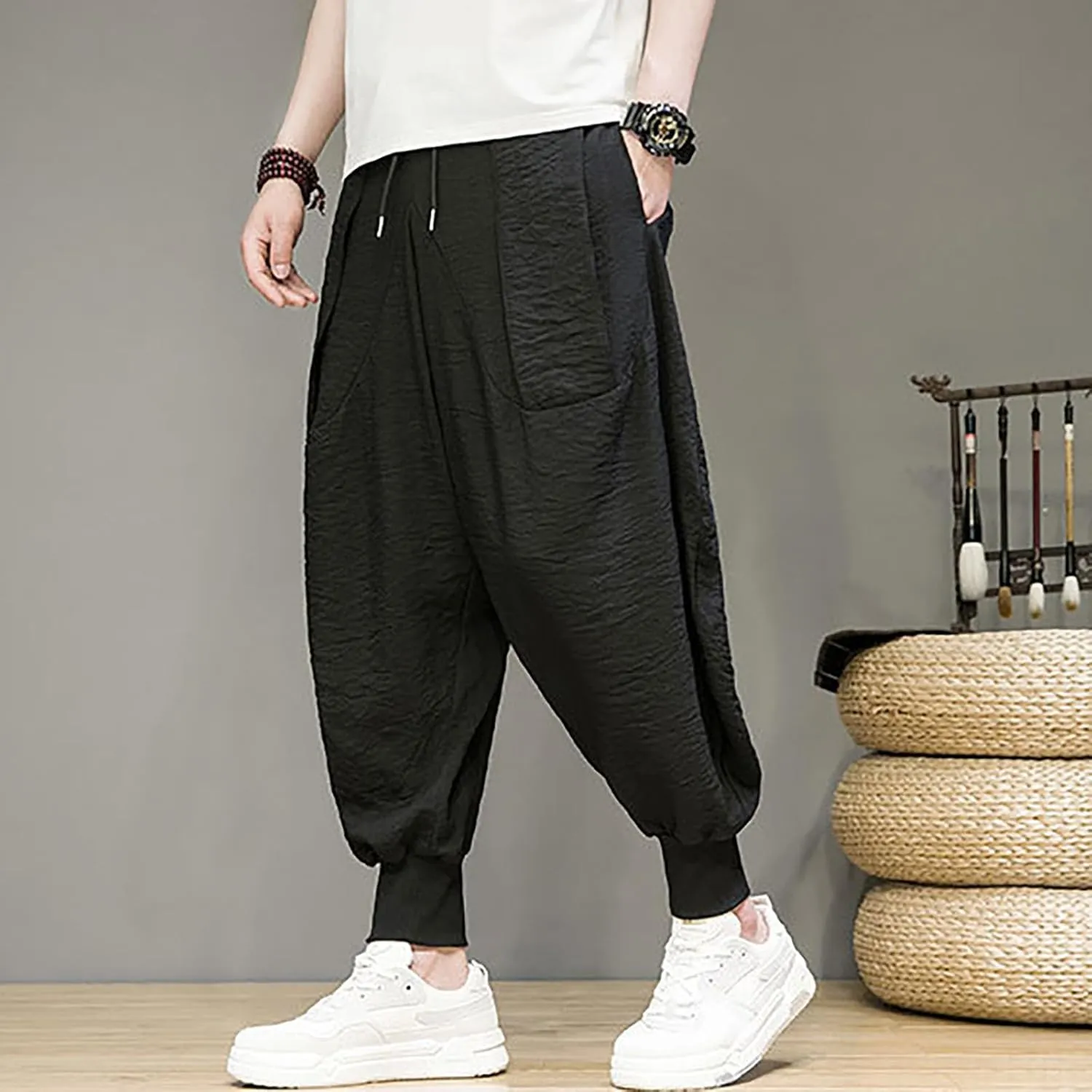Mens 2023 Casual Harem Pant Loose Hippie Boho Aladdin Yoga Pant Casual Baggy Drawstring Hippie Boho Aladdin Harem Pant