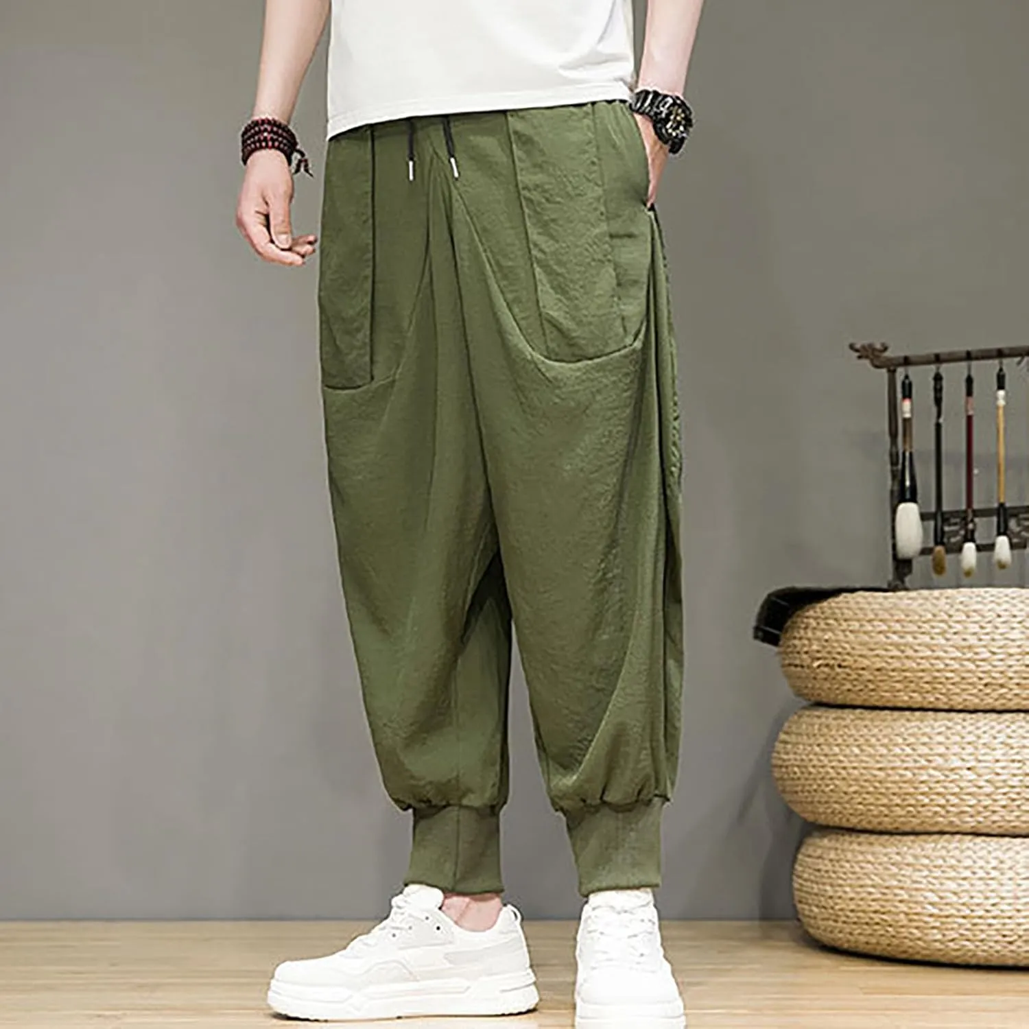 Mens 2023 Casual Harem Pant Loose Hippie Boho Aladdin Yoga Pant Casual Baggy Drawstring Hippie Boho Aladdin Harem Pant