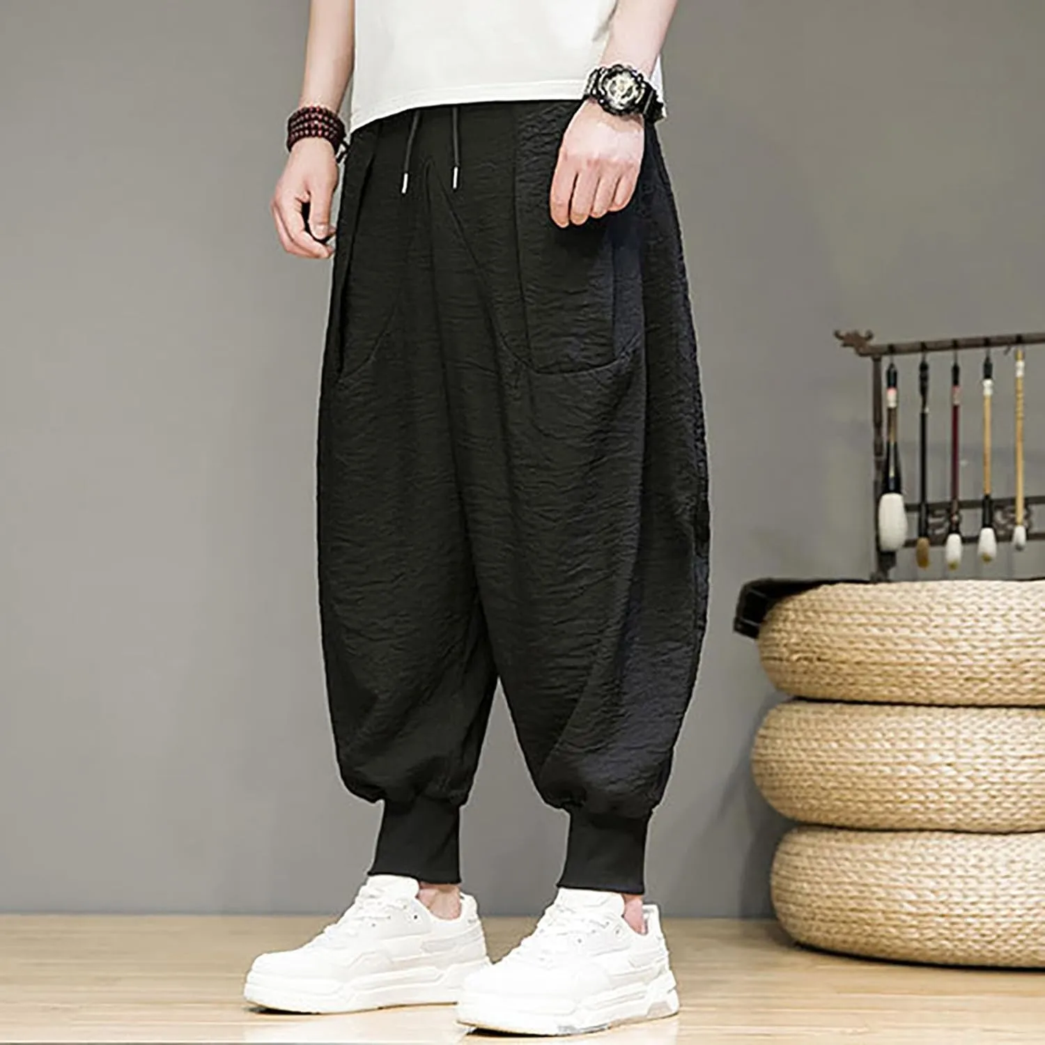Mens 2023 Casual Harem Pant Loose Hippie Boho Aladdin Yoga Pant Casual Baggy Drawstring Hippie Boho Aladdin Harem Pant