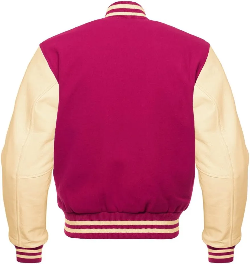 Men's Baseball Letterman Bomber Wool & Geniune Cream Leather Sleeves Varsity Jacket