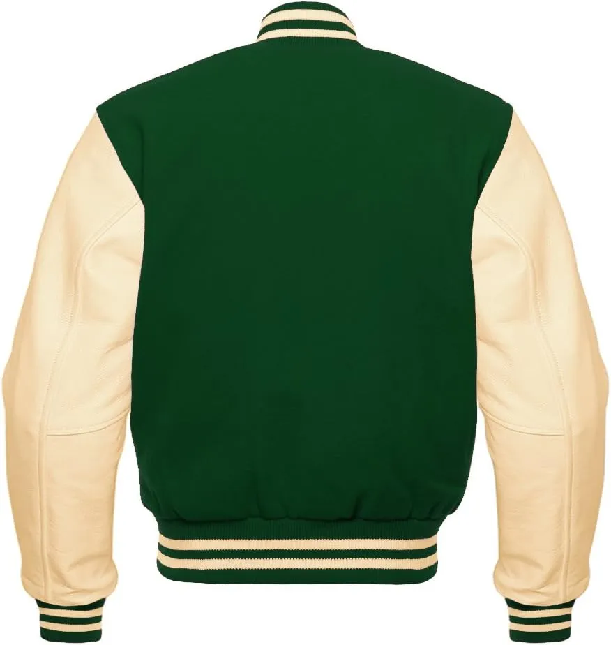 Men's Baseball Letterman Bomber Wool & Geniune Cream Leather Sleeves Varsity Jacket