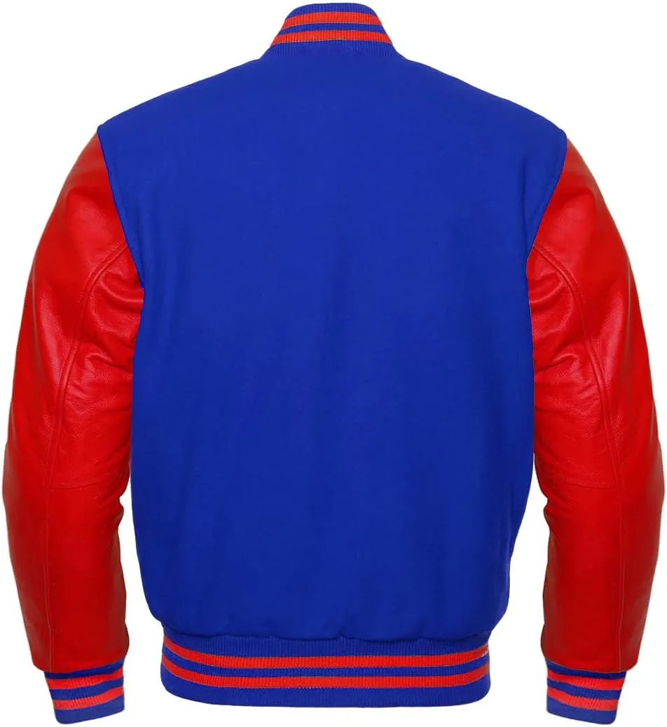Men's Baseball Varsity Royal Blue Wool Jacket with Red Leather Sleeves