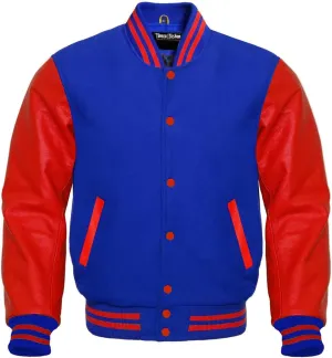 Men's Baseball Varsity Royal Blue Wool Jacket with Red Leather Sleeves