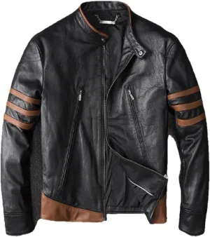 Mens Brown Striped Leather Biker Jacket  Wolverine-Inspired Classic Motorcycle Jacket
