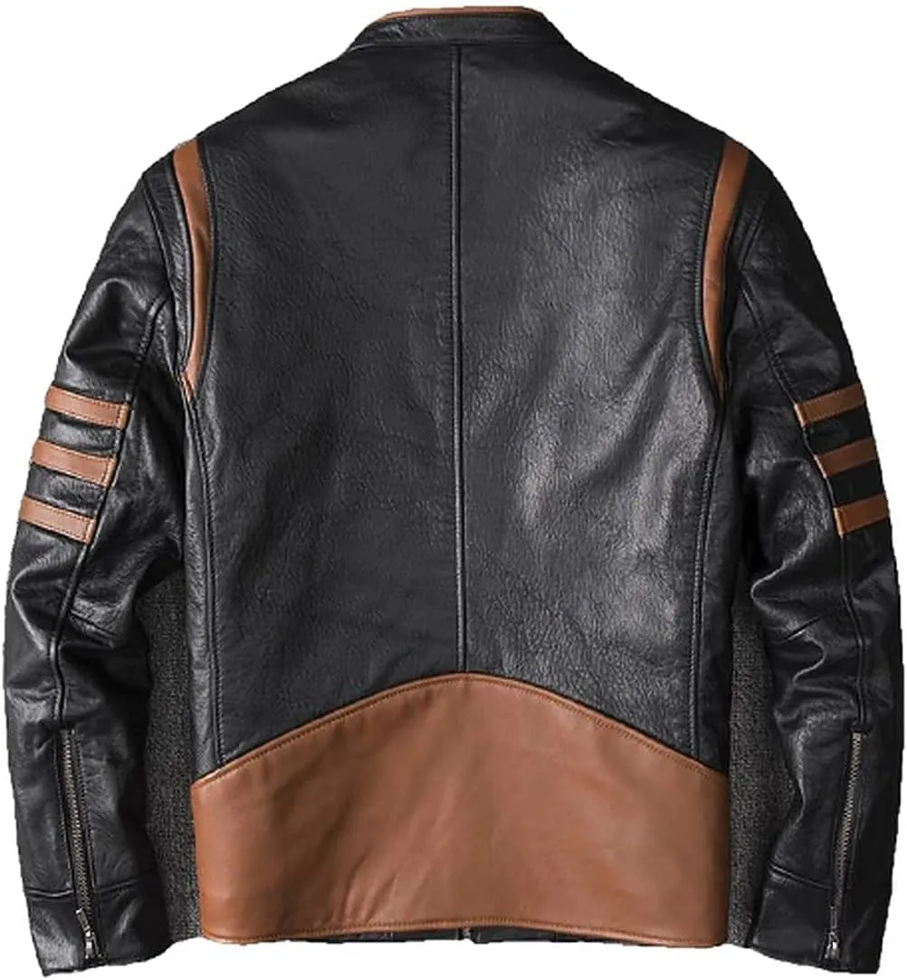 Mens Brown Striped Leather Biker Jacket  Wolverine-Inspired Classic Motorcycle Jacket