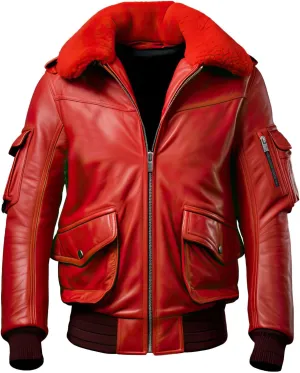 Mens Red Premium Faux Leather Sherpa Shearling Faux Fur Collar Winter Warm Baggy Style Fashionable Bomber Jacket