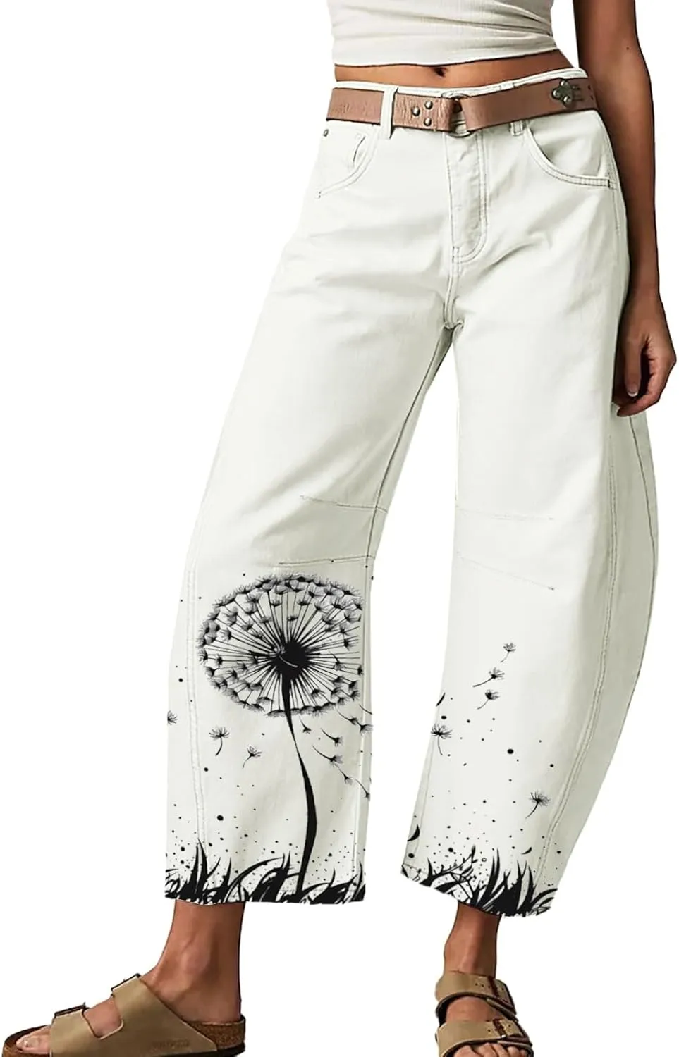 Mid Rise Barrel Jeans for Women Wide Leg Cropped Loose Denim Ankle Pants Baggy Boyfriend Jeans with Pockets