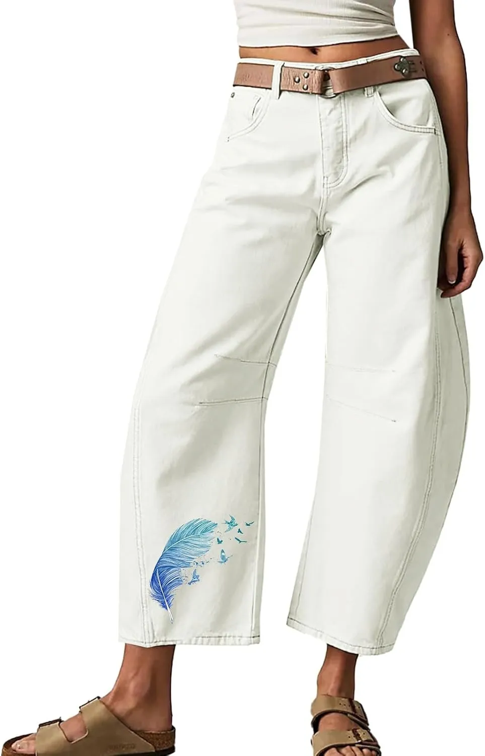 Mid Rise Barrel Jeans for Women Wide Leg Cropped Loose Denim Ankle Pants Baggy Boyfriend Jeans with Pockets