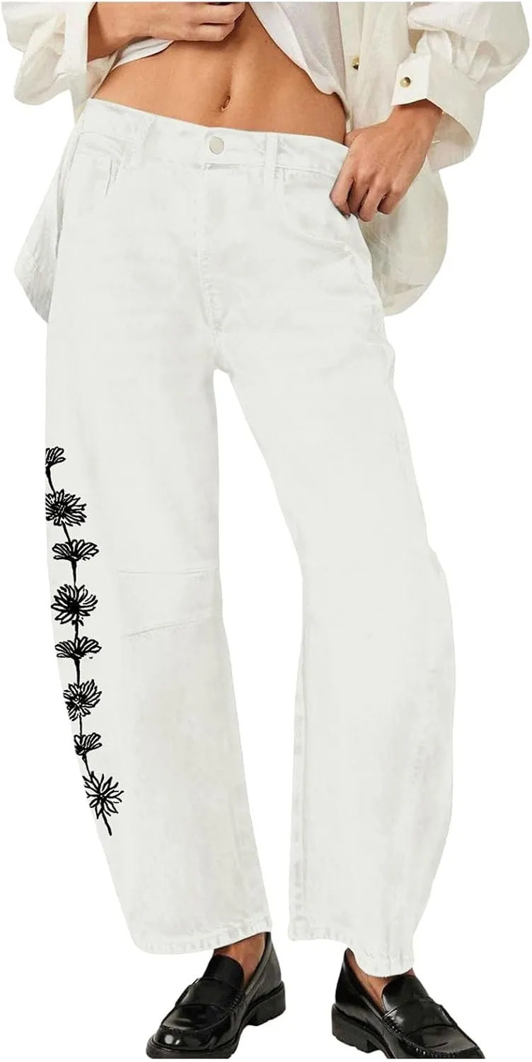 Mid Rise Barrel Jeans for Women Wide Leg Cropped Loose Denim Ankle Pants Baggy Boyfriend Jeans with Pockets