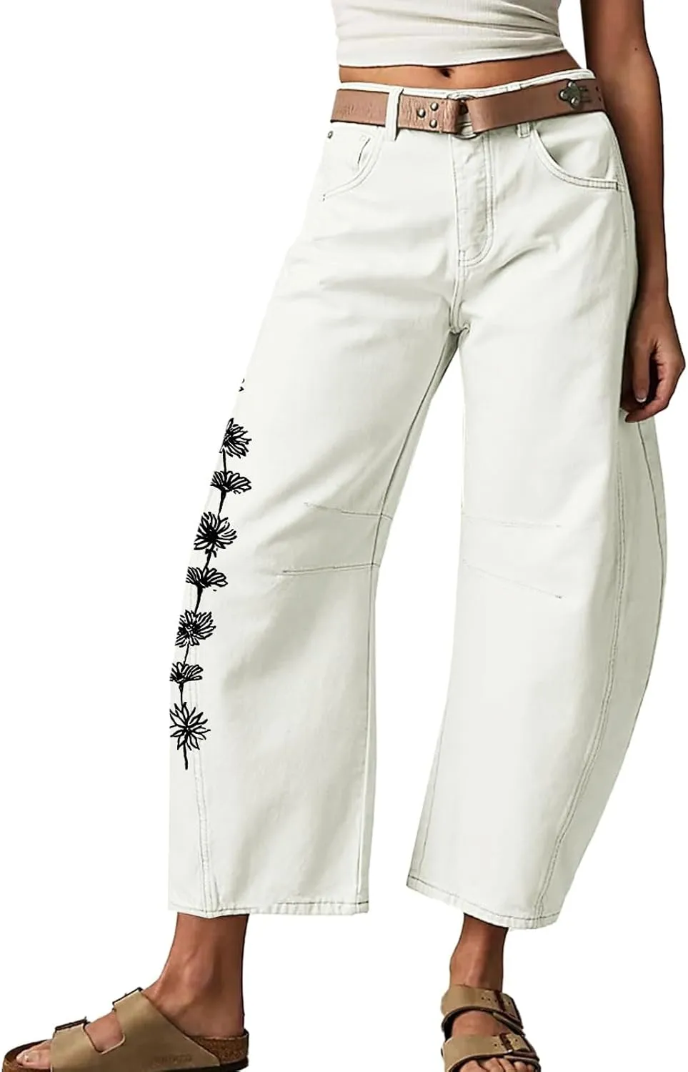 Mid Rise Barrel Jeans for Women Wide Leg Cropped Loose Denim Ankle Pants Baggy Boyfriend Jeans with Pockets