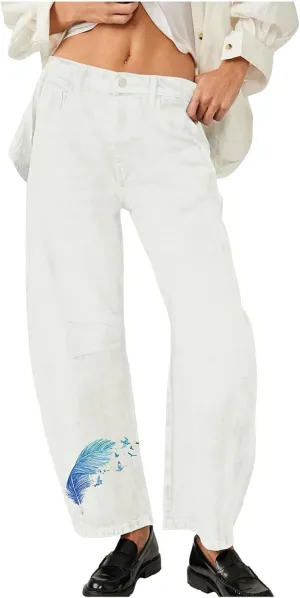 Mid Rise Barrel Jeans for Women Wide Leg Cropped Loose Denim Ankle Pants Baggy Boyfriend Jeans with Pockets