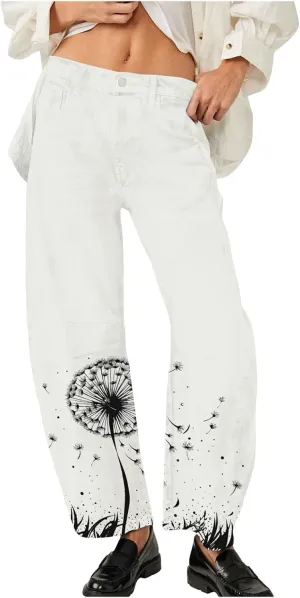 Mid Rise Barrel Jeans for Women Wide Leg Cropped Loose Denim Ankle Pants Baggy Boyfriend Jeans with Pockets