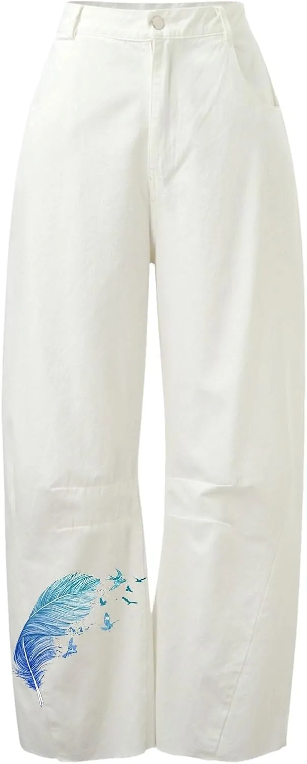 Mid Rise Barrel Jeans for Women Wide Leg Cropped Loose Denim Ankle Pants Baggy Boyfriend Jeans with Pockets