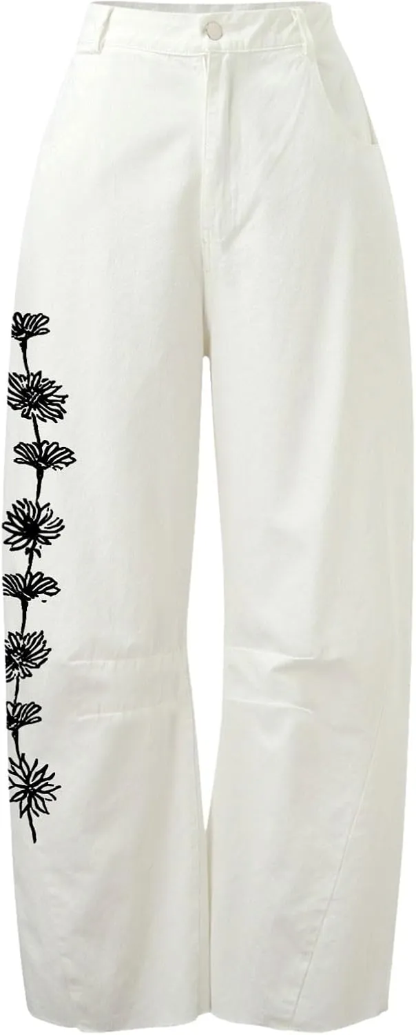 Mid Rise Barrel Jeans for Women Wide Leg Cropped Loose Denim Ankle Pants Baggy Boyfriend Jeans with Pockets