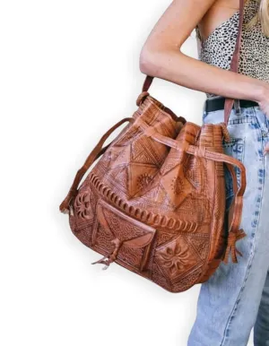 Moroccan Leather Bucket Bag for Women  Bohemian Tooled Crossbody Purse | Moroccan Gypsy Drawstring Tote, Vintage Hippie Shoulder Bag (Tan)