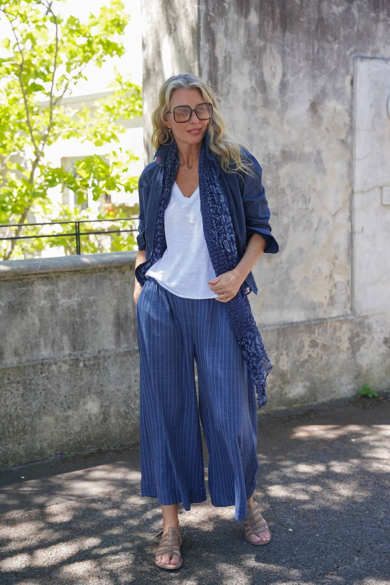 Navy Stripe Cropped Pull On Pants