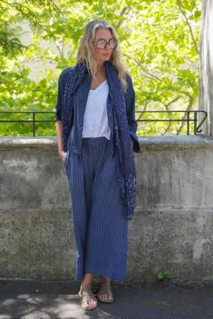 Navy Stripe Cropped Pull On Pants