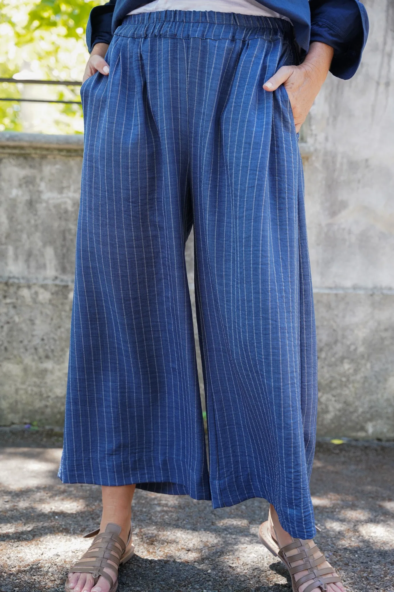 Navy Stripe Cropped Pull On Pants
