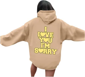 Oversized Sweatshirt Women Hoodies Gracie I Love You I'm Sorry Print Casual Long Sleeve Lightweight Tunic Pullover Top Fall and Winter Tops 2024 Pink pom Puffs Hoodie Khaki Small