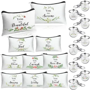 Paterr 10 Sets Inspirational Gifts Bulk for Women 10 Green Leaves Canvas Makeup Bags 10 Inspirational Quote Keychains You Are Amazing Loved Makeup Bag Employee Appreciation Gifts Mother's Day Gifts