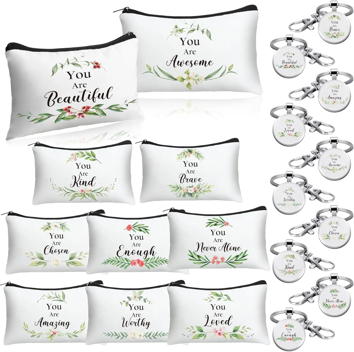 Paterr 10 Sets Inspirational Gifts Bulk for Women 10 Green Leaves Canvas Makeup Bags 10 Inspirational Quote Keychains You Are Amazing Loved Makeup Bag Employee Appreciation Gifts Mother's Day Gifts