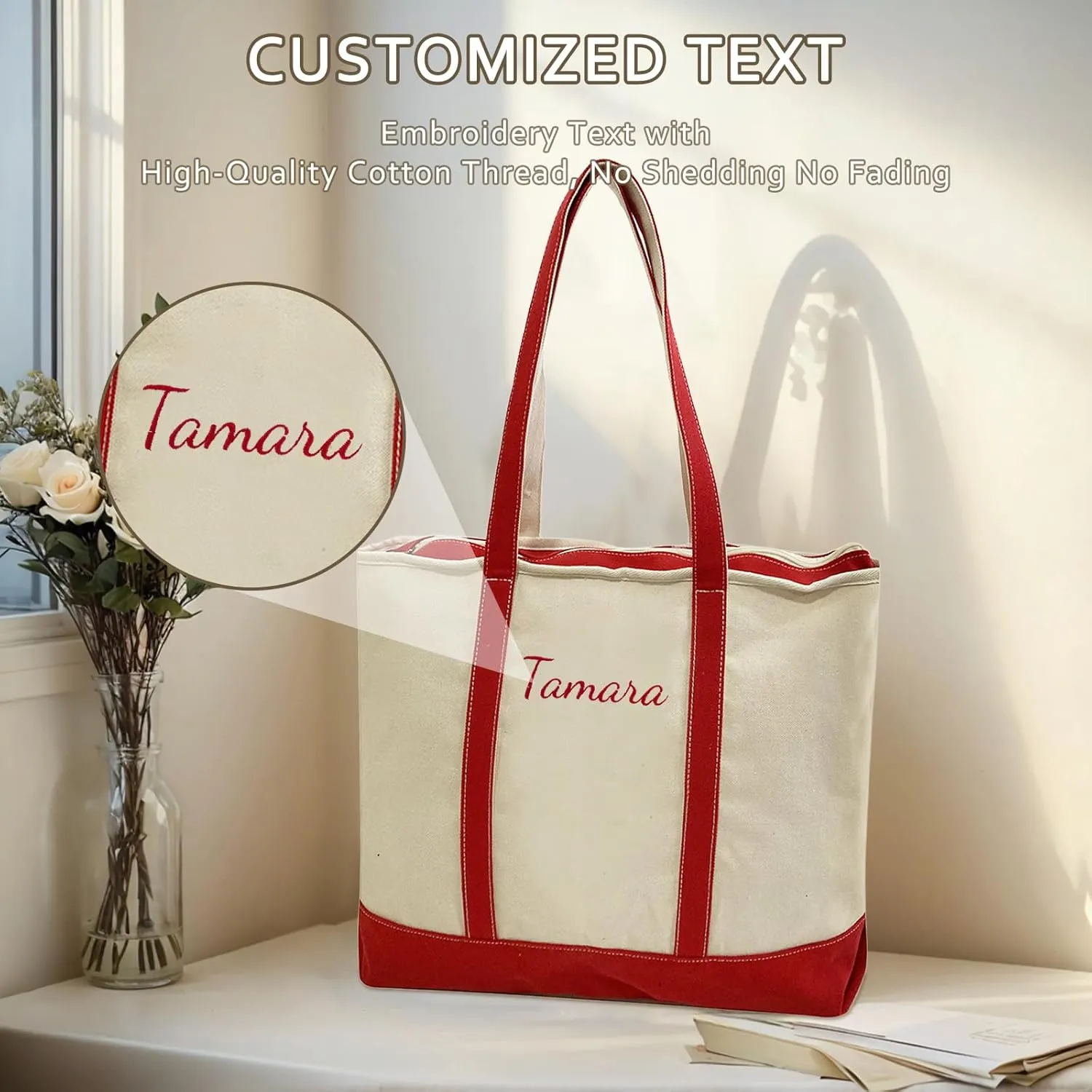 Personalized Women's Tote Bag Embroidered Shopping Bag with Name Reusable Canvas Tote with Zippered Pocket Gift for Mom
