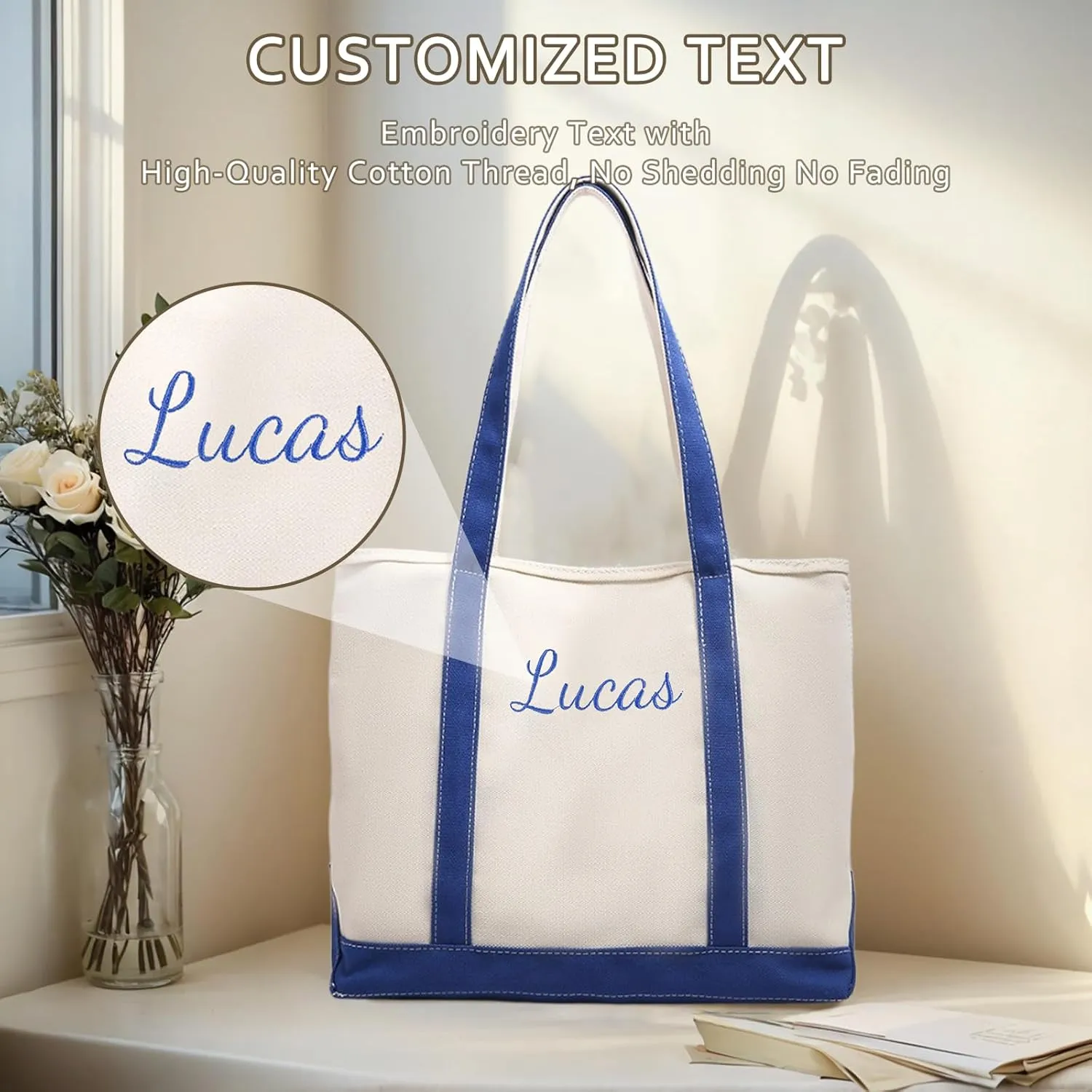 Personalized Women's Tote Bag Embroidered Shopping Bag with Name Reusable Canvas Tote with Zippered Pocket Gift for Mom