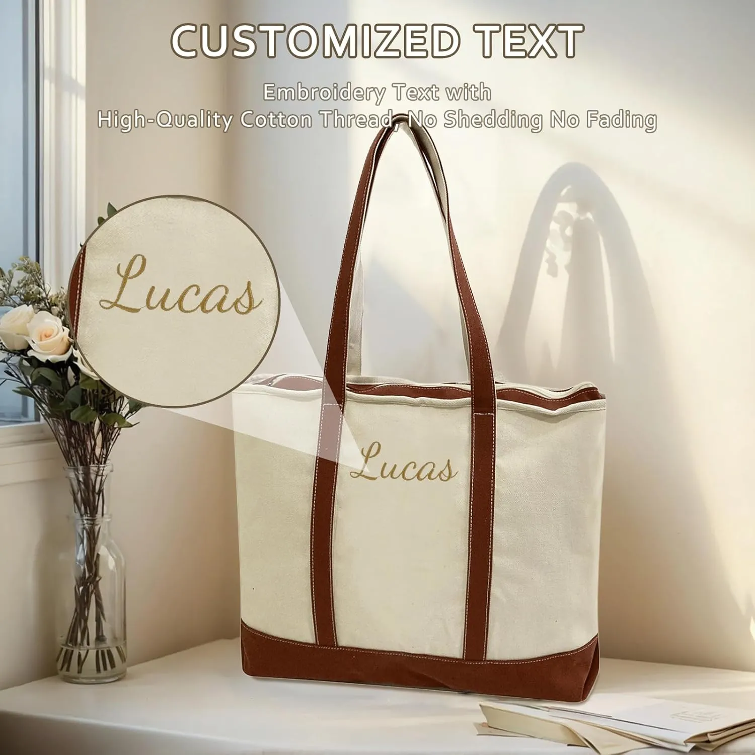 Personalized Women's Tote Bag Embroidered Shopping Bag with Name Reusable Canvas Tote with Zippered Pocket Gift for Mom