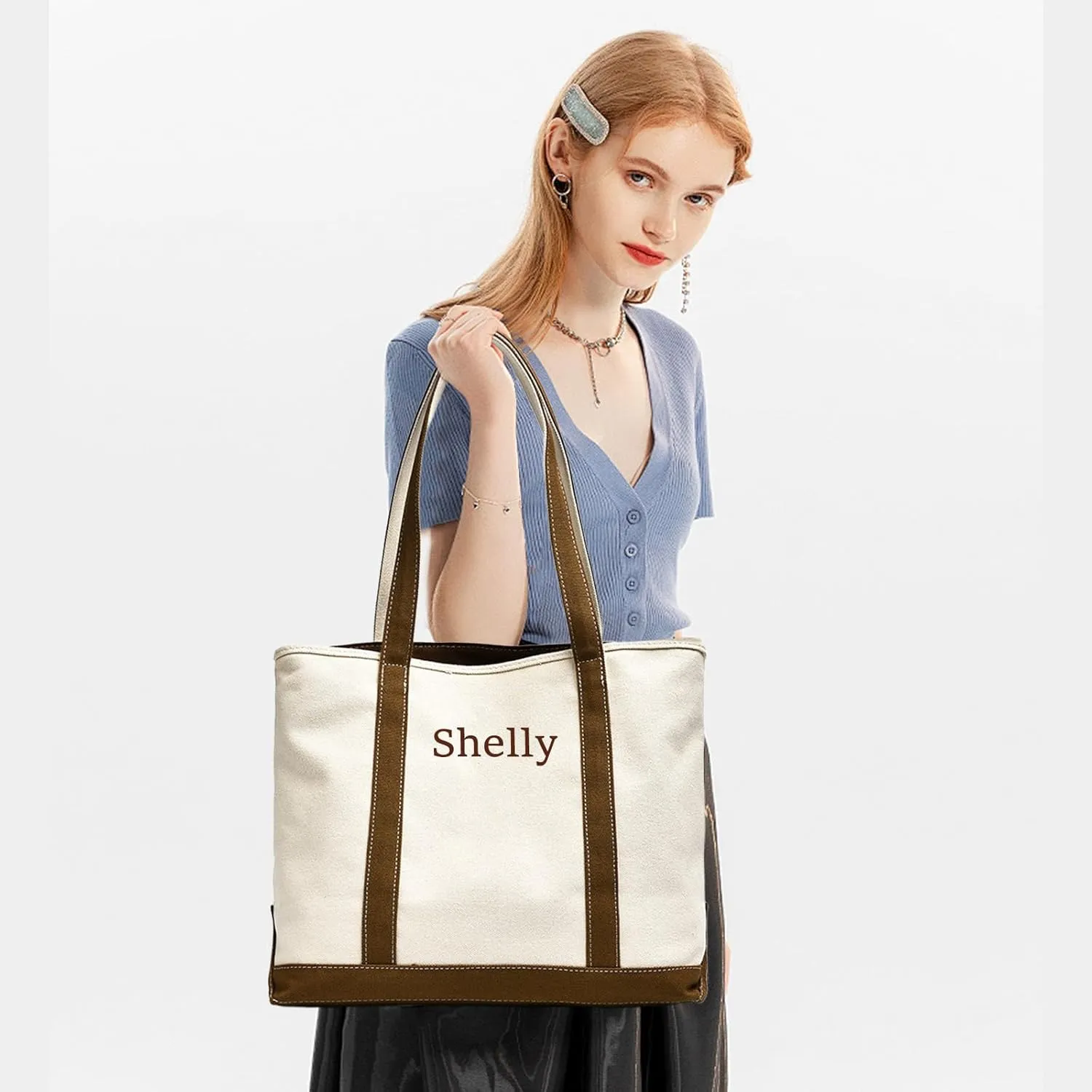Personalized Women's Tote Bag Embroidered Shopping Bag with Name Reusable Canvas Tote with Zippered Pocket Gift for Mom