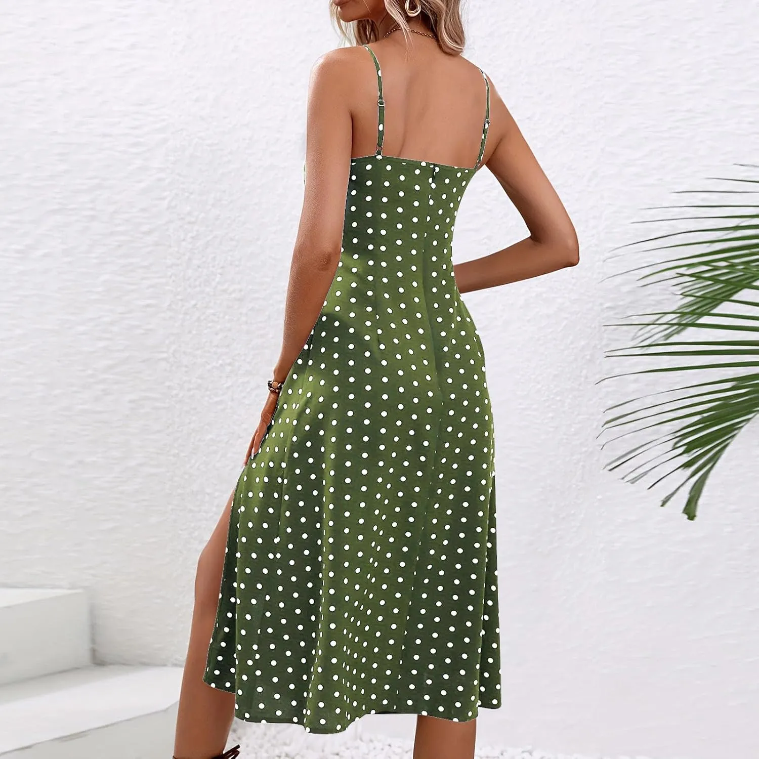 Polka Dot Dress for Women 2025 Summer Spaghetti Straps Split Dresses Sexy High Waist A Line Beach Midi Sundresses