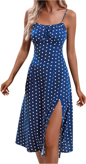 Polka Dot Dress for Women 2025 Summer Spaghetti Straps Split Dresses Sexy High Waist A Line Beach Midi Sundresses