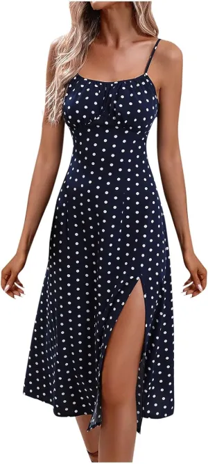 Polka Dot Dress for Women 2025 Summer Spaghetti Straps Split Dresses Sexy High Waist A Line Beach Midi Sundresses
