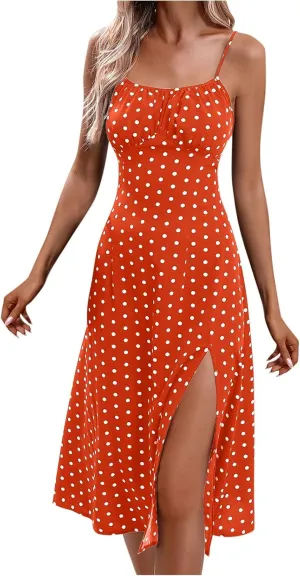 Polka Dot Dress for Women 2025 Summer Spaghetti Straps Split Dresses Sexy High Waist A Line Beach Midi Sundresses
