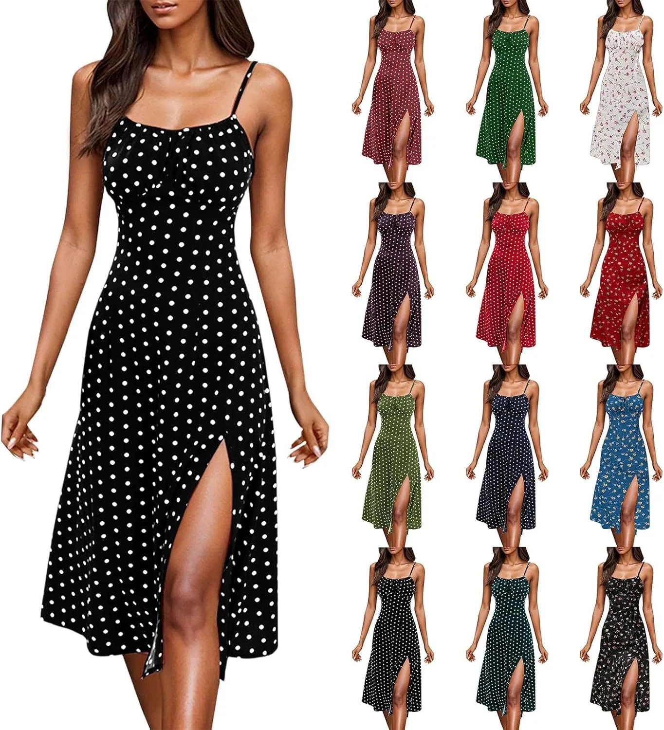 Polka Dot Dress for Women Spaghetti Strap Summer Midi Dresses Sexy Slim Fit Side Slit A Line Beach Vacation Sundress