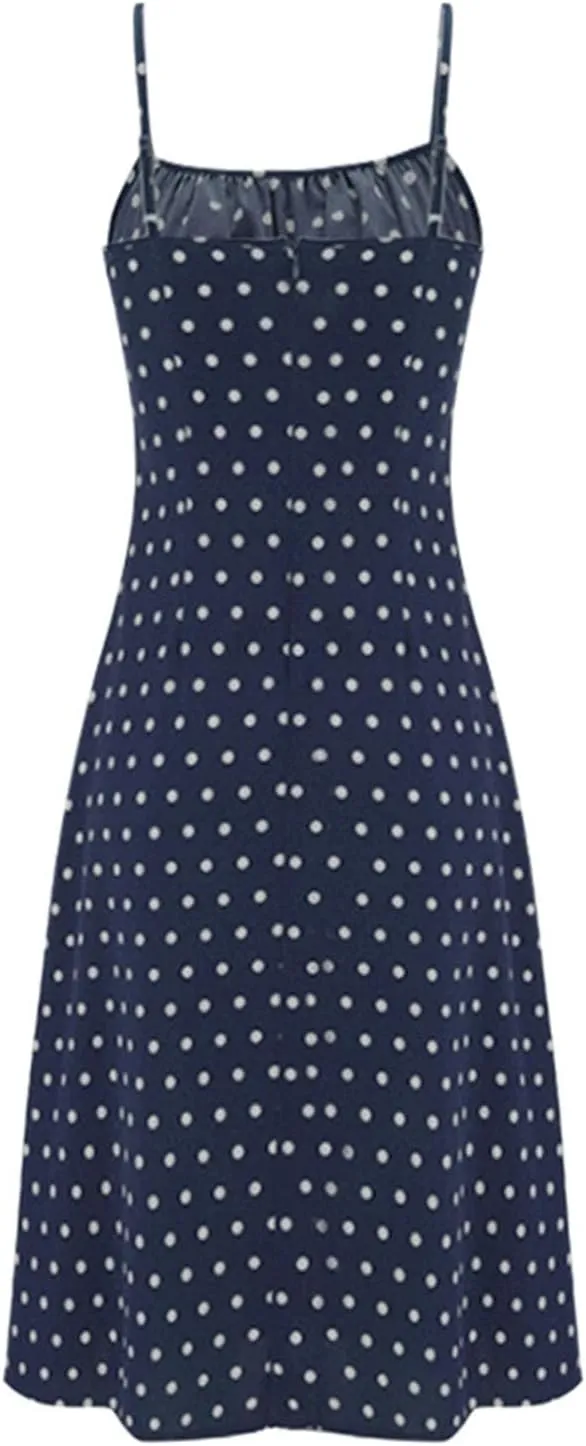 Polka Dot Dress for Women Spaghetti Strap Summer Midi Dresses Sexy Slim Fit Side Slit A Line Beach Vacation Sundress