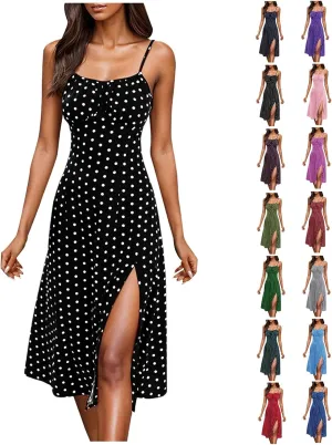 Polka Dot Dress for Women Spaghetti Strap Summer Midi Dresses Sexy Slim Fit Side Slit A Line Beach Vacation Sundress