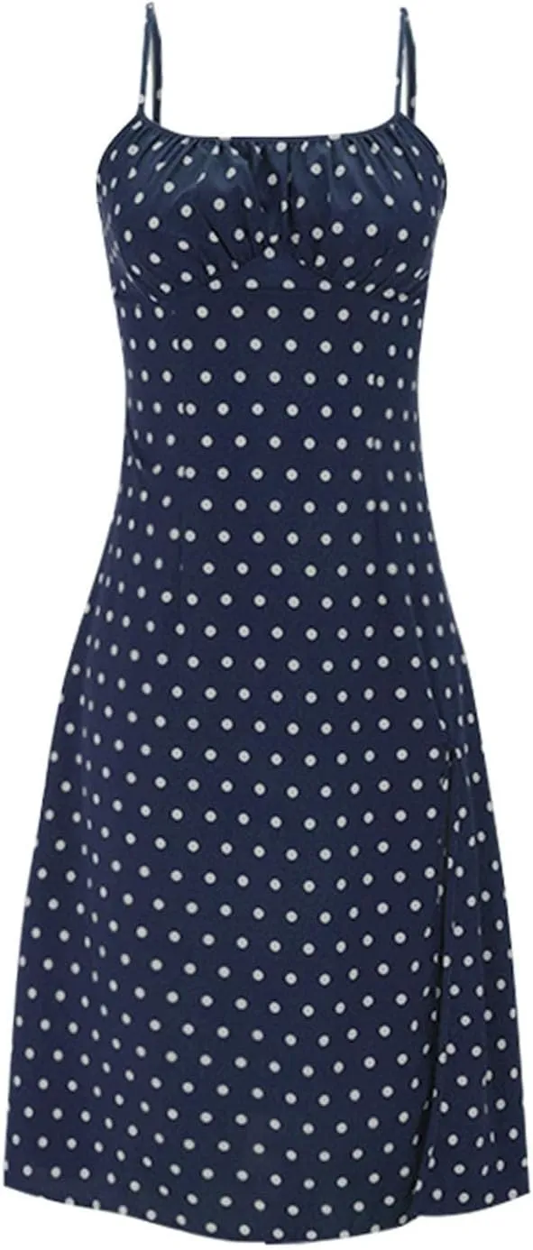 Polka Dot Dress for Women Spaghetti Strap Summer Midi Dresses Sexy Slim Fit Side Slit A Line Beach Vacation Sundress