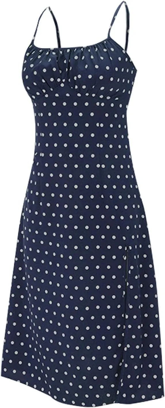Polka Dot Dress for Women Spaghetti Strap Summer Midi Dresses Sexy Slim Fit Side Slit A Line Beach Vacation Sundress