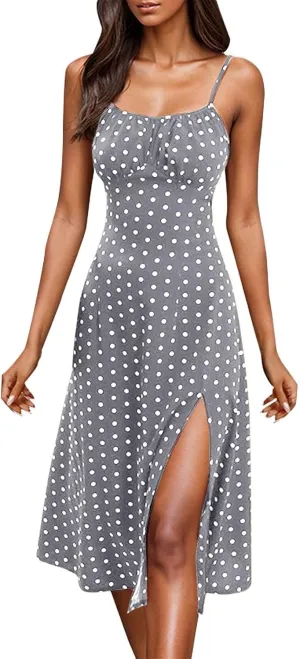 Polka Dot Dress for Women Spaghetti Strap Summer Midi Dresses Sexy Slim Fit Side Slit A Line Beach Vacation Sundress